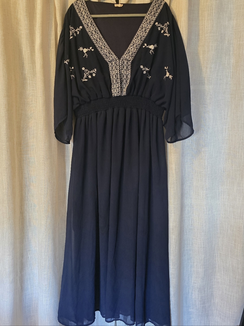 En Creme plus Navy Blue Maxi Dress with embroidered kimono sleeves - Picture 5 of 5